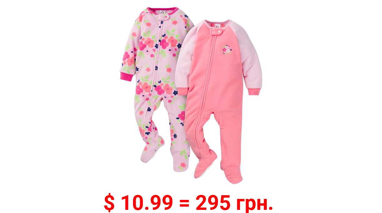 Gerber Baby & Toddler Girls 100% Polyester Fleece Pajamas, 2-Pack