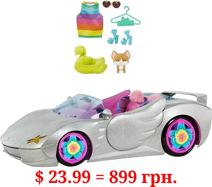 Barbie Extra Toy Car with Fashion Accessories & Puppy, Sparkly Silver 2-Seater Convertible with Hood Storage & Pet Pool