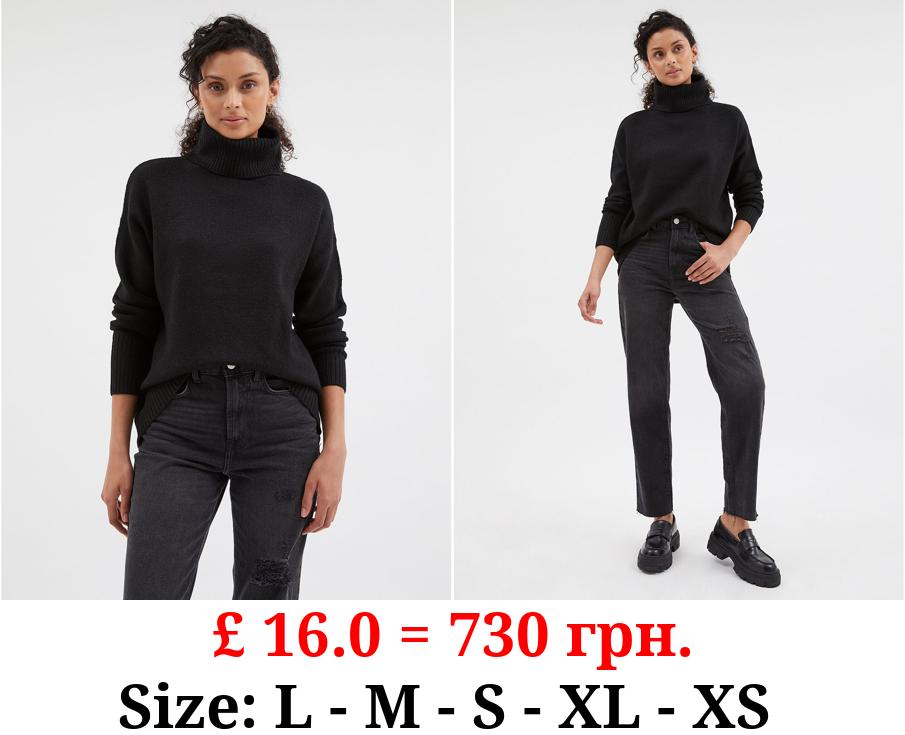 Black Slouchy Roll Neck Knitted Jumper