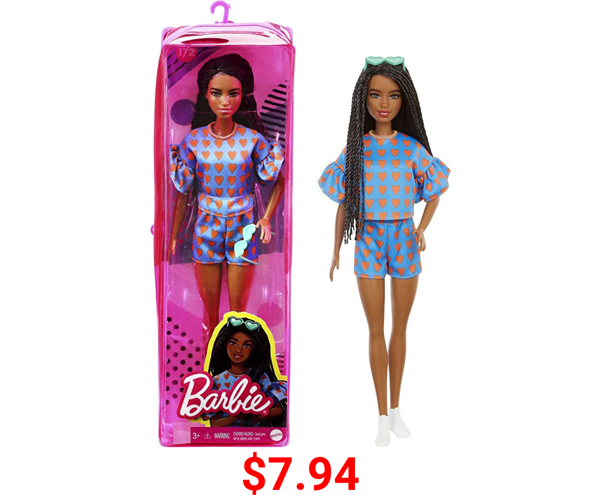 Barbie Fashionistas Doll # 172 , Heart Print Matching Top & Shorts & Twisted Hairstyle Toy for Kids 3 to 8 Years Old