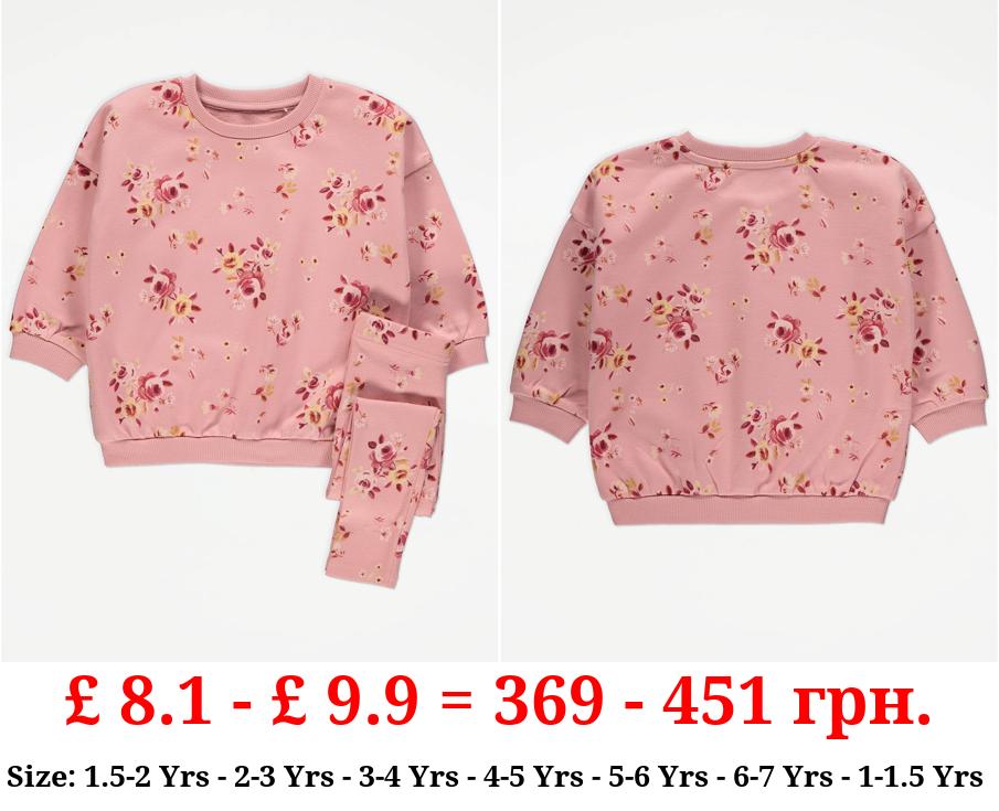 Pink Rose Print Sweatshirt and Leggings Outfit