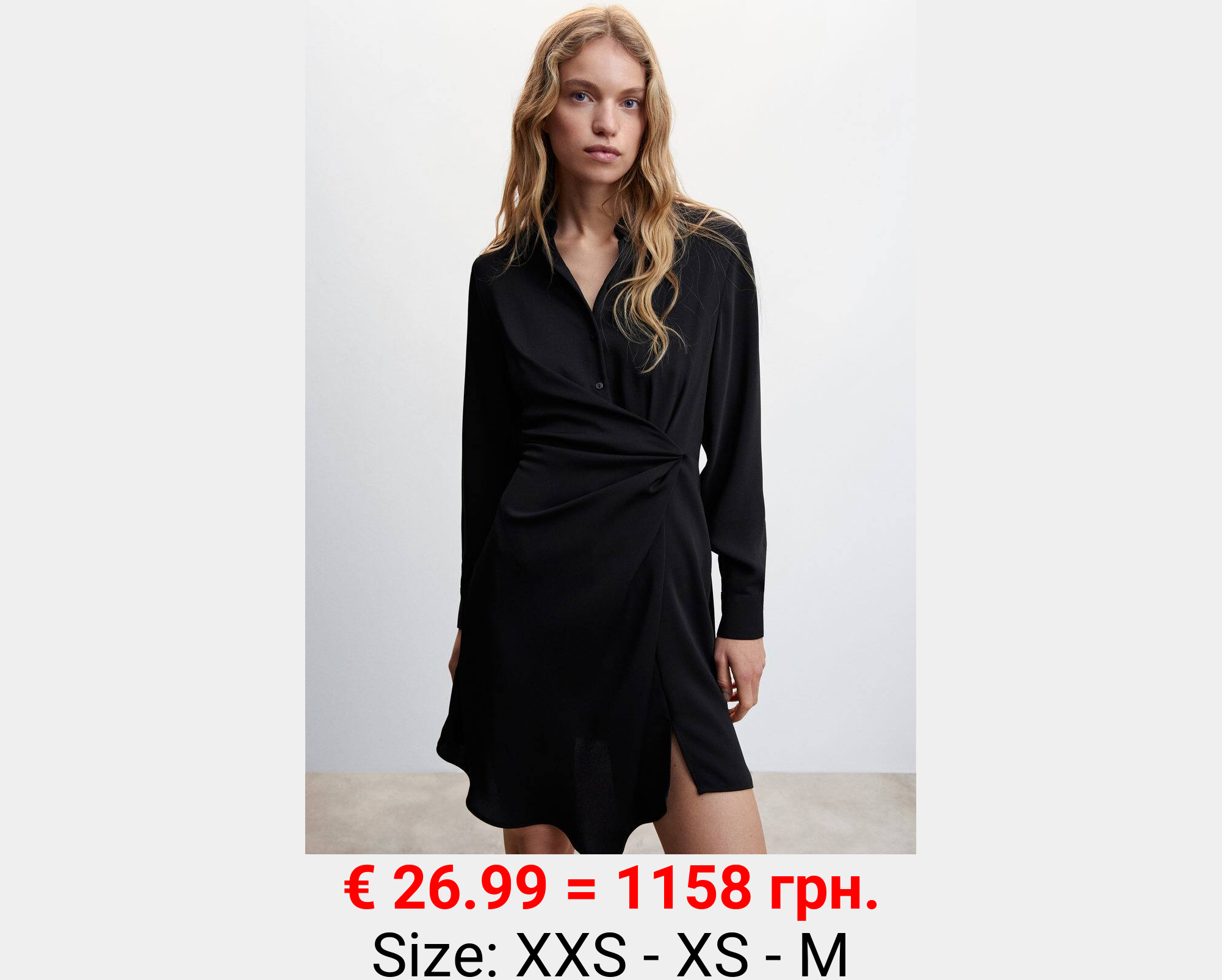 Vestido negro cuello camisero fruncido