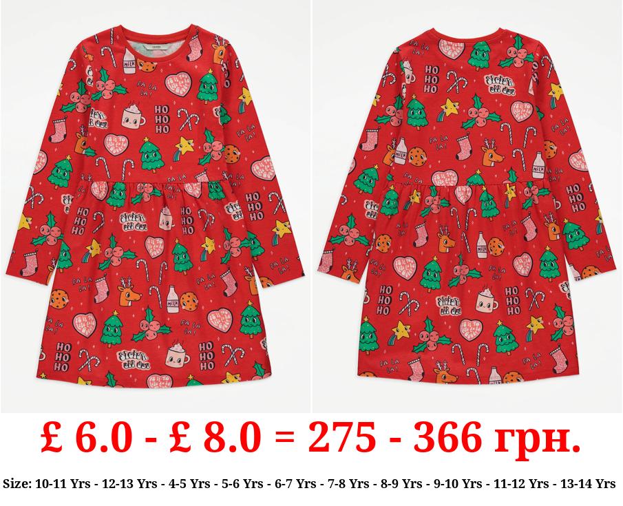 Red Christmas Print Long Sleeve Dress