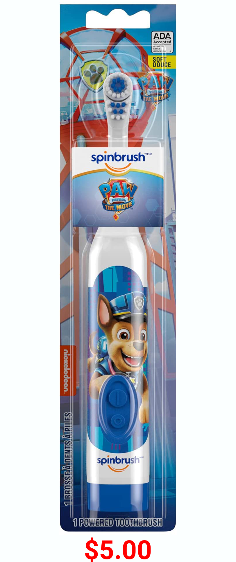 Paw Patrol Arm & Hammer Kids Spinbrush, Soft, Electric Battery Toothbrush, 1 ct, Character May Vary