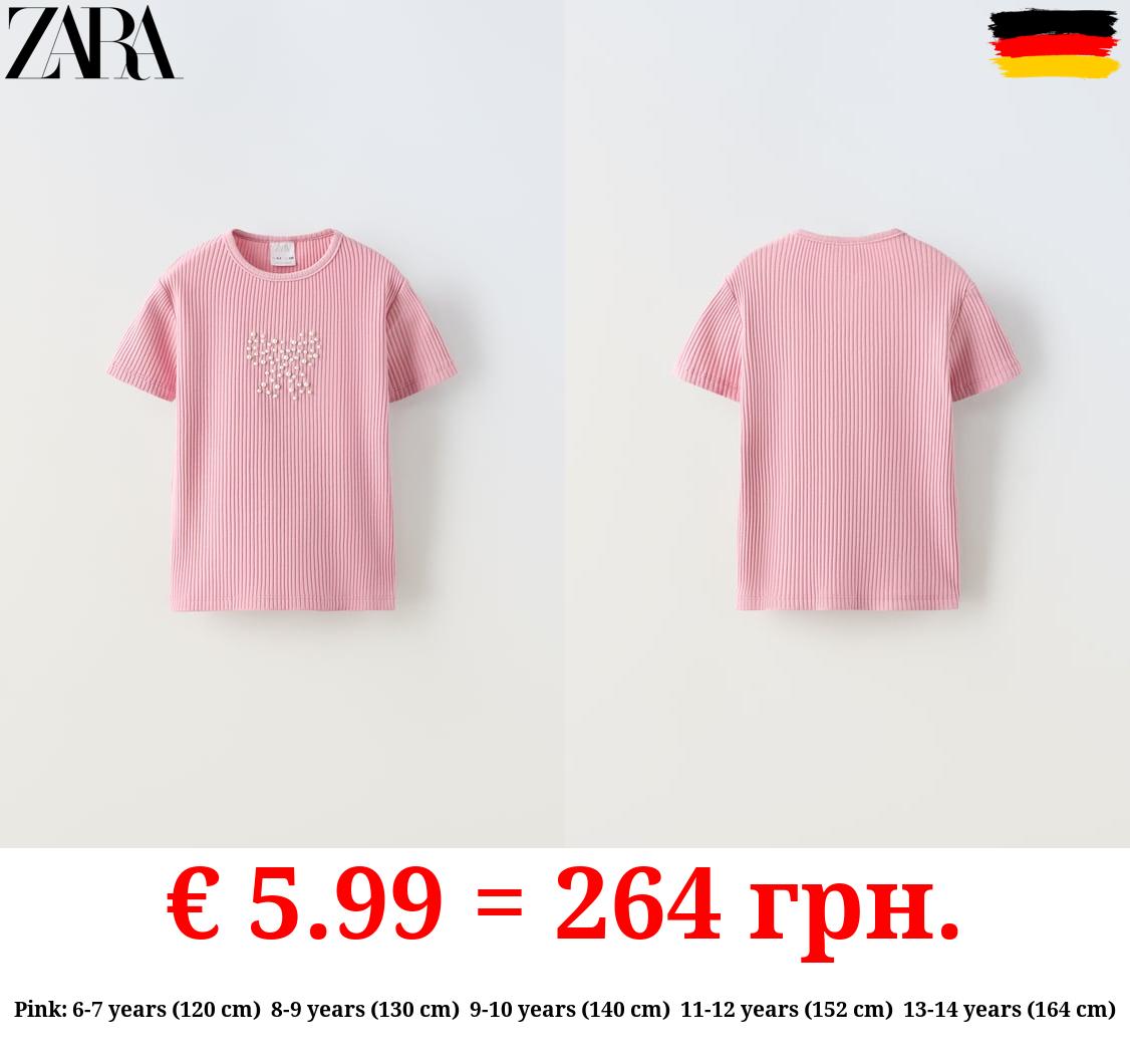 RIBBED T-SHIRT WITH FAUX PEARLS