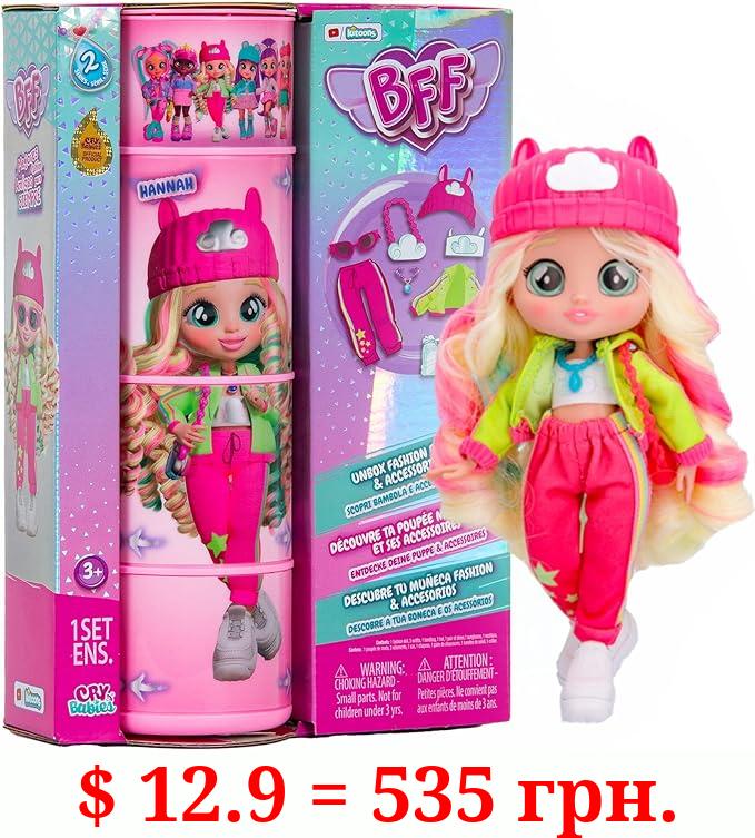 Cry Babies BFF Hannah Fashion Doll with 9+ Surprises Including Outfit and Accessories for Fashion Toy, Girls and Boys Ages 4 and Up, 7.8 Inch Doll, Multicolor