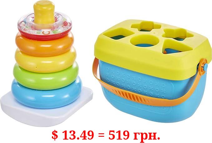 Fisher-Price Infant Gift Set with Baby’s First Blocks (10 Shapes) and Rock-a-Stack Ring Stacking Toy for Ages 6+ Months
