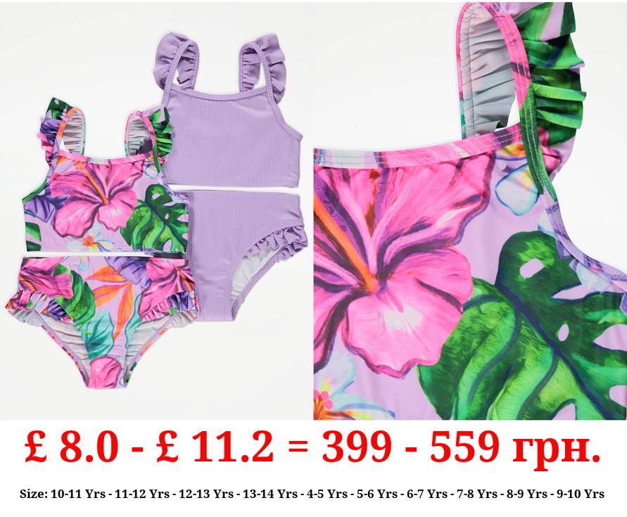 Lilac Tropical Frill Strappy Bikinis 2 Pack