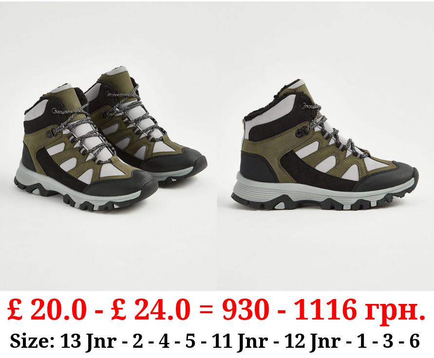 Khaki Panelled Fleece Lined Mountain Boots