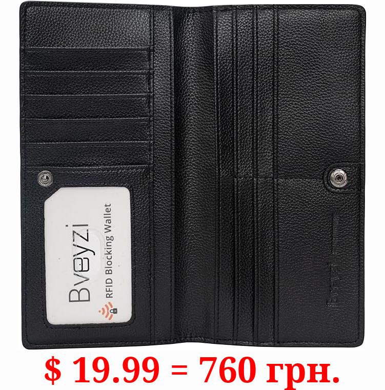 Bveyzi Ultra Slim Thin Leather RFID Blocking Credit Card Holder Bifold Clutch Wallets for Women (Black)