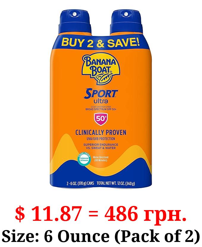 Banana Boat Sport Ultra SPF 50 Sunscreen Spray Twin Pack | Banana Boat Sunscreen Spray SPF 50, Spray On Sunscreen, Water Resistant Sunscreen, Oxybenzone Free Sunscreen Pack, 6oz each