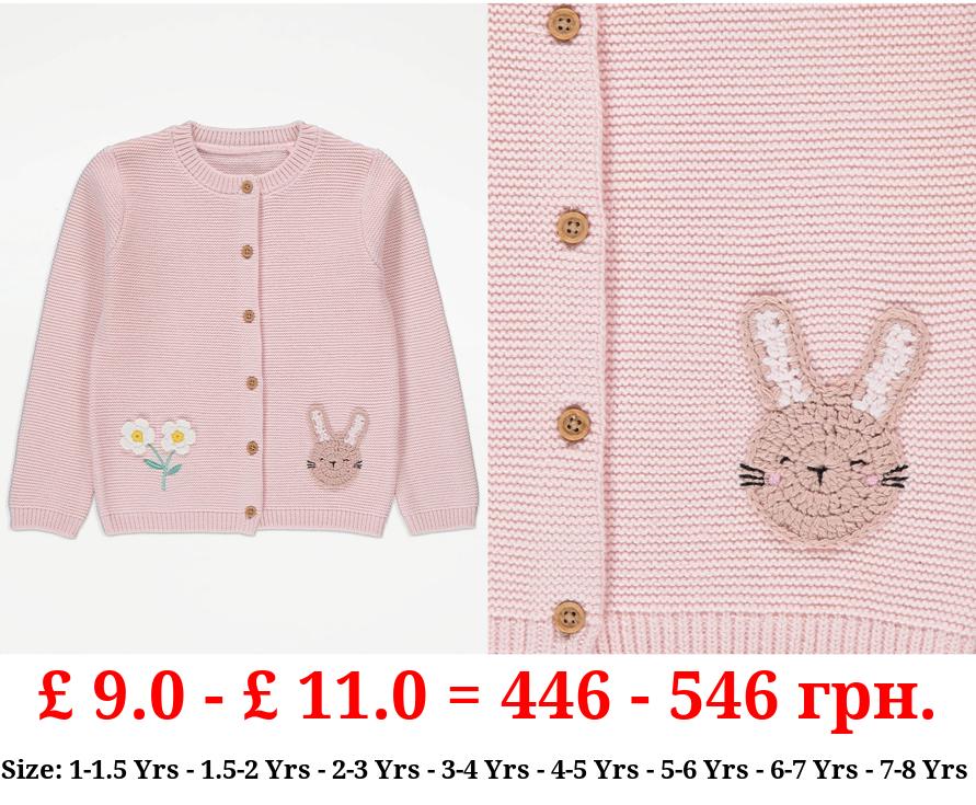 Pink Knitted Bunny Embroidered Cardigan