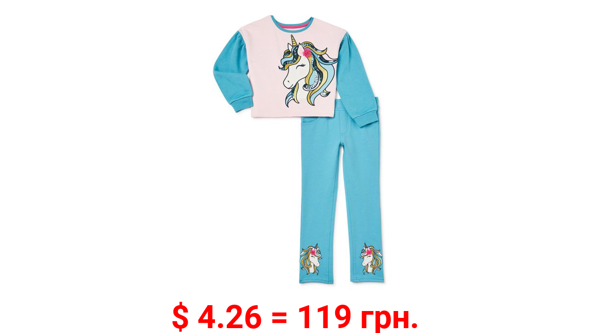 365 Kids From Garanimals Girls Colorblock Sweatshirt and Unicorn Pants Set e, Sizes 4-10