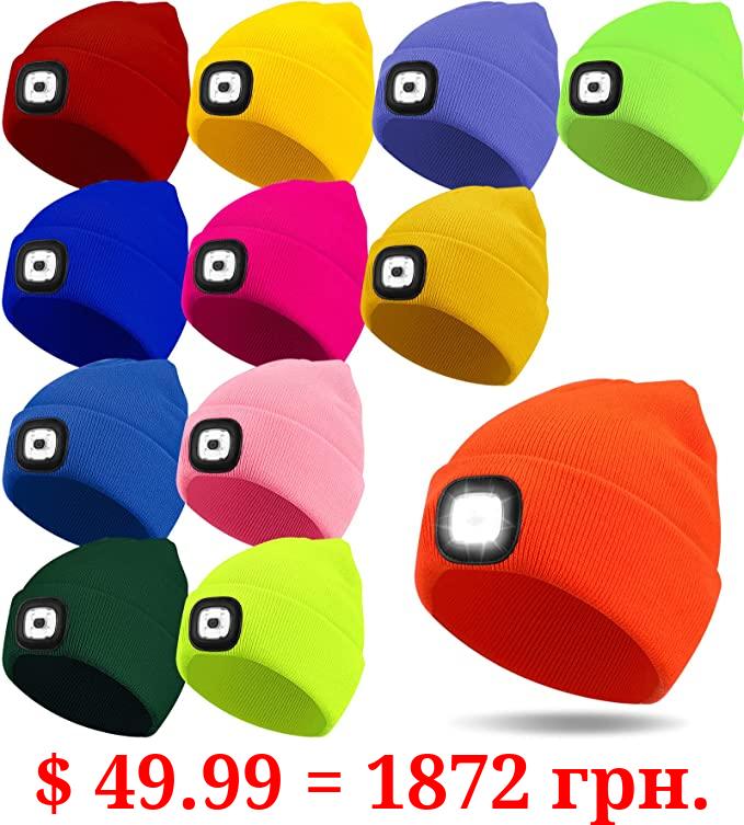 12 Pcs LED Beanie Hats with Light for Kids Flashlight Beanie Cap Unisex Kids Night Lighted Hat Winter Knitted Headlight Hat USB Rechargeable Kid Beanie Winter Gift for Boys Girls Hunting Camping