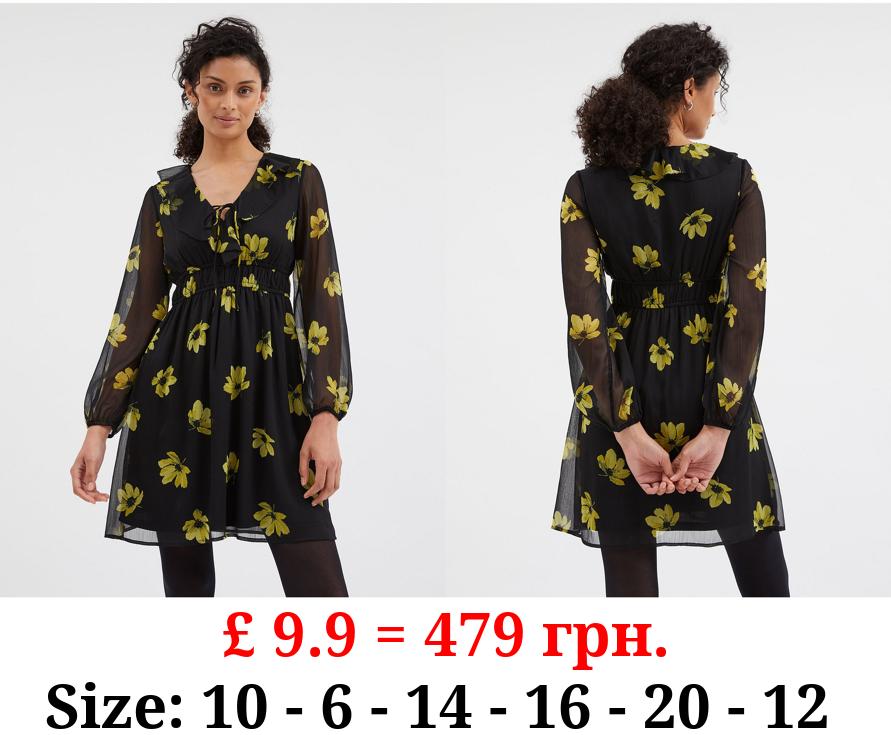 Black Floral Tie Up Ruffle Mini Dress