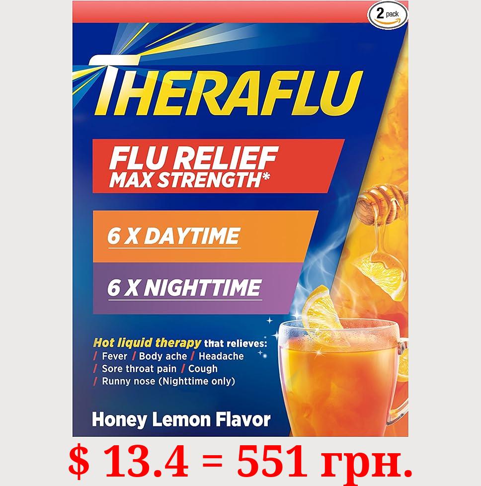 Theraflu Combo Daytime and Nighttime Severe Cold Relief Powder, Honey Lemon Flavor, 12 Count, 6 Daytime and 6 Nighttime