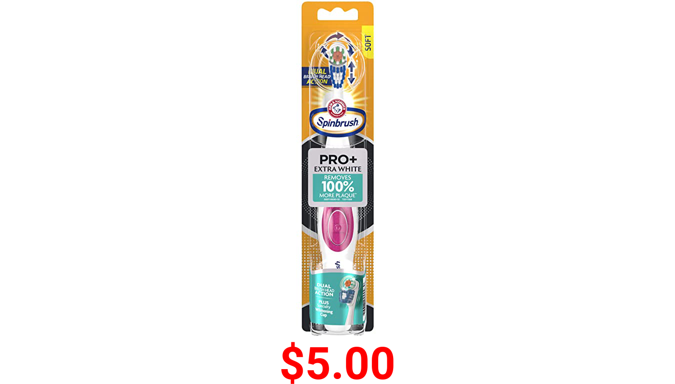 ARM & HAMMER Spinbrush PRO+ Extra White Battery-Operated Toothbrush – Spinbrush Battery Powered Toothbrush Removes 100% More Plaque- Soft Bristles -Batteries Included