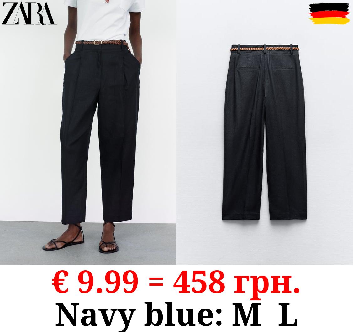 LINEN BLEND STRAIGHT TROUSERS WITH BRAIDED BELT