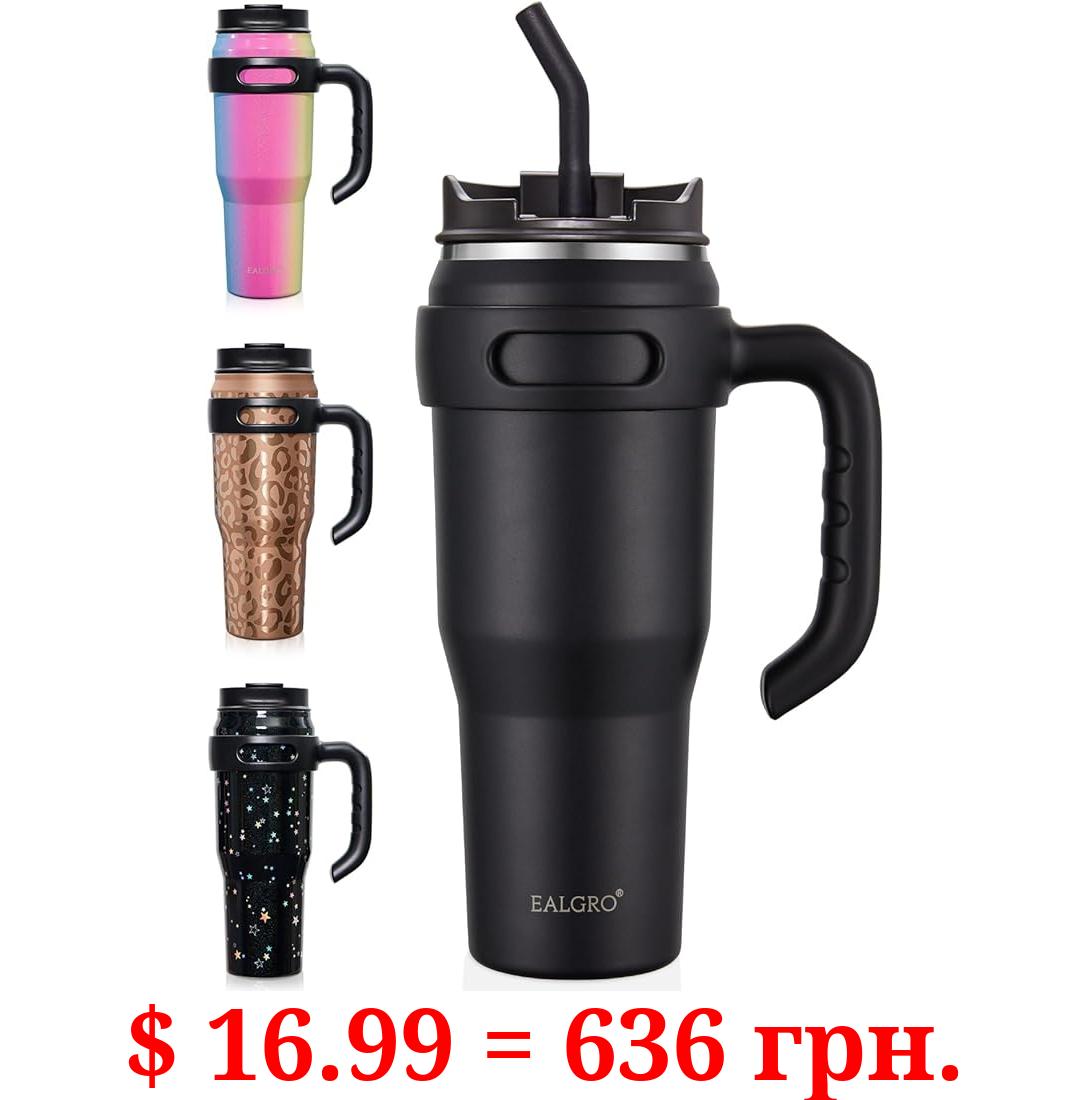 EALGRO 40 oz Tumbler with Handle, Large Insulated Tumblers with Straw and Lid, Stainless Steel Vacuum Travel Coffee Mug Cup, Black