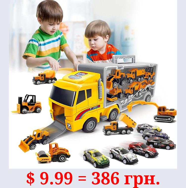 Kids Toys for Boys girls,Toys for 3 4 5 6 year old Boys, Toddler Toys/Truck toy 13 in 1 large Transport Cars Carrier Set,Kids toy truck with 12 Mini car toy cars,Ideal Gift Toys for kids (Yellow)