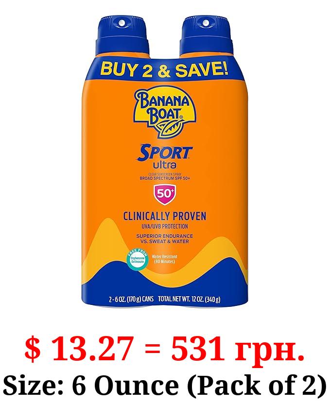 Banana Boat Sport Ultra SPF 50 Sunscreen Spray Twin Pack | Banana Boat Sunscreen Spray SPF 50, Spray On Sunscreen, Water Resistant Sunscreen, Oxybenzone Free Sunscreen Pack, 6oz each