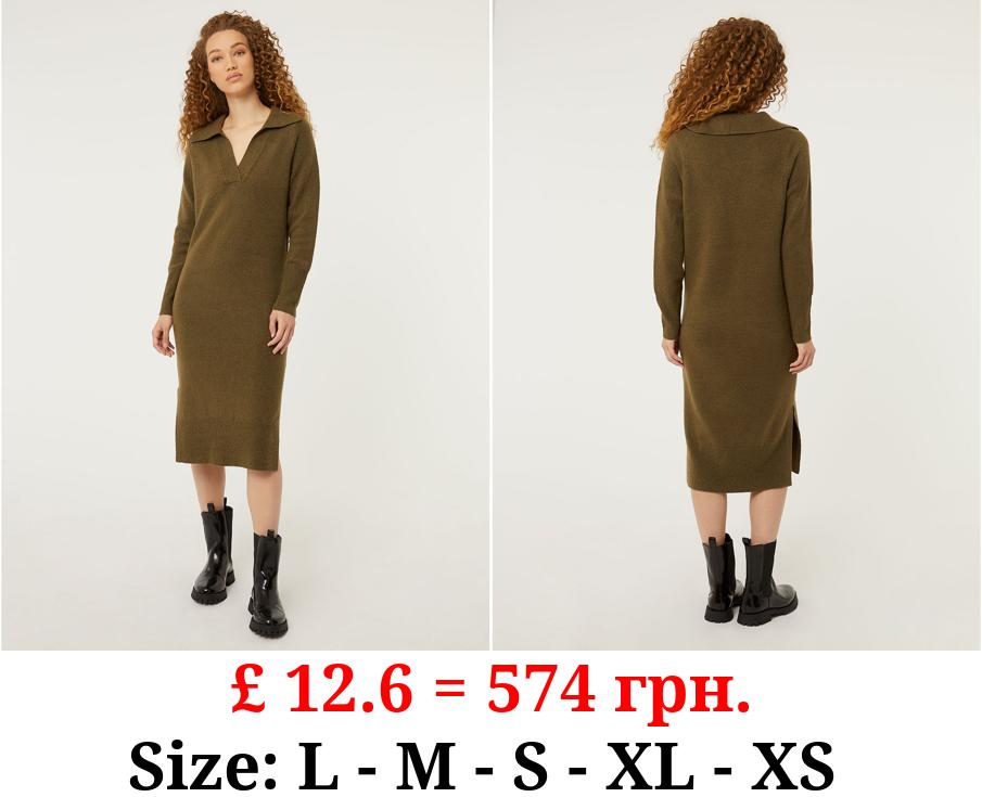 Green Collared Knitted Midi Dress