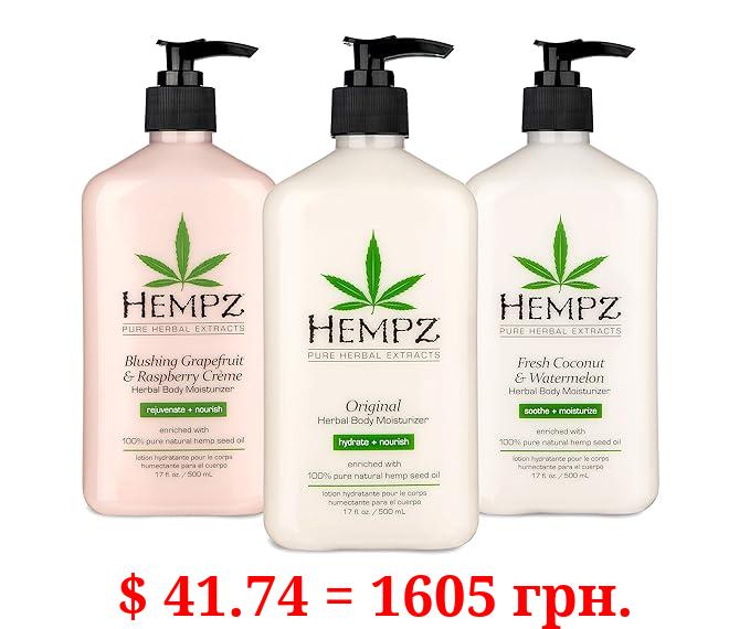 Hempz Original Herbal Body Moisturizer + Fresh Coconut & Watermelon Moisturizer + Blushing Grapefruit & Raspberry Crème Herbal Body Moisturizer, 17 Fl Oz, 3 Pack Bundle – Vitamin Infused Lotion
