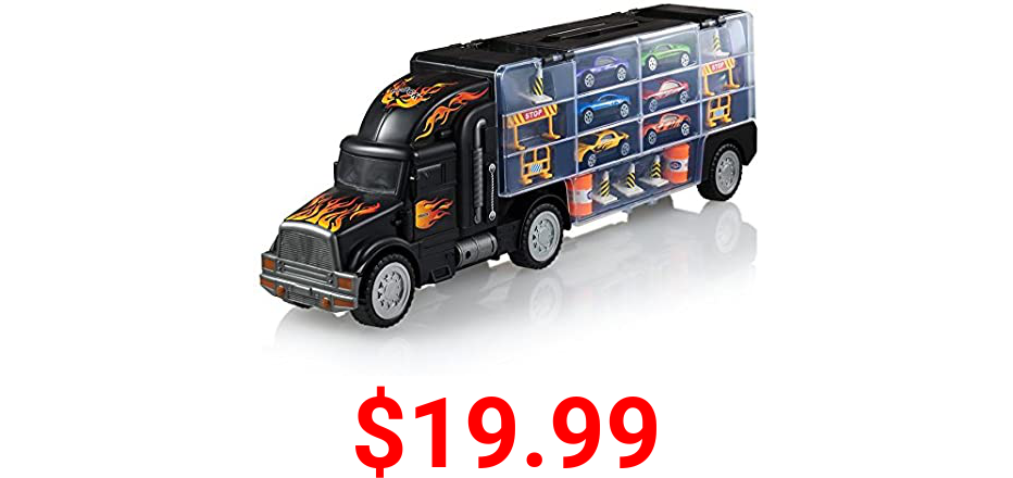 Play22 Toy Truck Transport Car Carrier - Toy Truck Includes 6 Toy Cars & Accessories - Toy Trucks Fits 28 Toy Car Slots - Great Car Toys Gift for Boys & Girls - Original