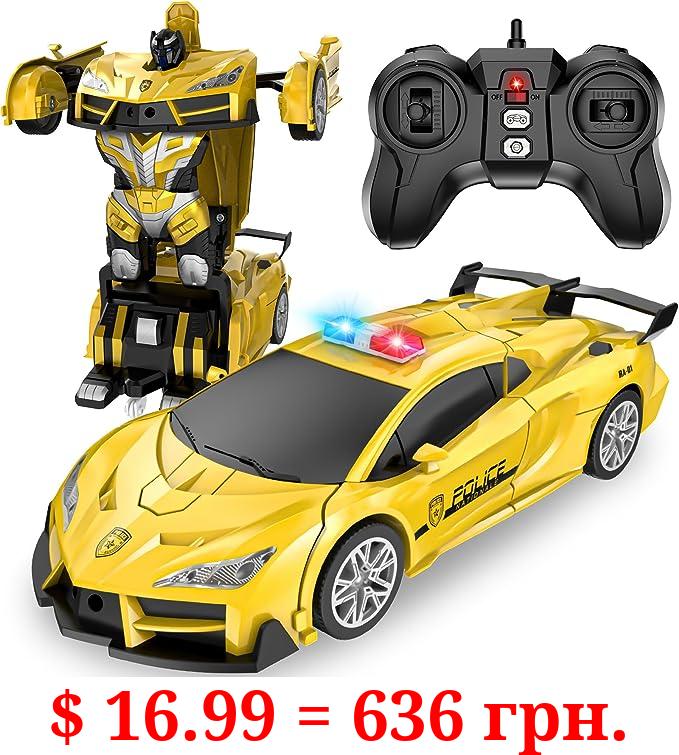 LNNKINE Remote Control Car, Transform Robot RC Cars, 2.4Ghz Transforming Police Car Toy with LED Light, One-Button Deformation and 360° Rotating Drifting, Toys for 5+ Year Old Boys/Girls