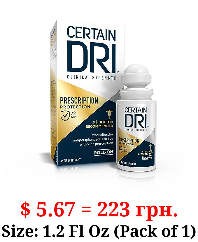 Certain Dri Prescription Strength Clinical Antiperspirant Roll-On Deodorant, Hyperhidrosis Treatment for Men & Women, Unscented, 1.2 Fl oz, 1 Pack