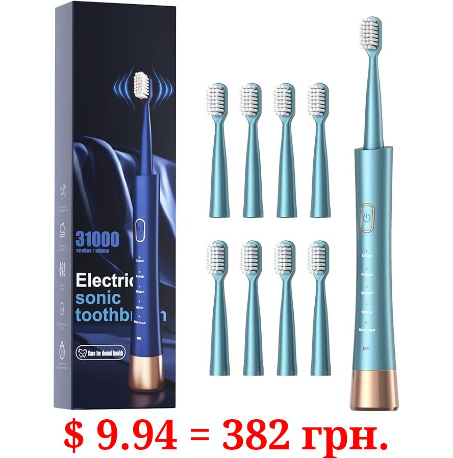 USB Rechargeable Sonic Electric Toothbrush for Adults, Powered Motor High Vibration Teeth & Gum Care, Soft Dupont Brush Heads, 2 Minutes Timer 5 Modes, Green