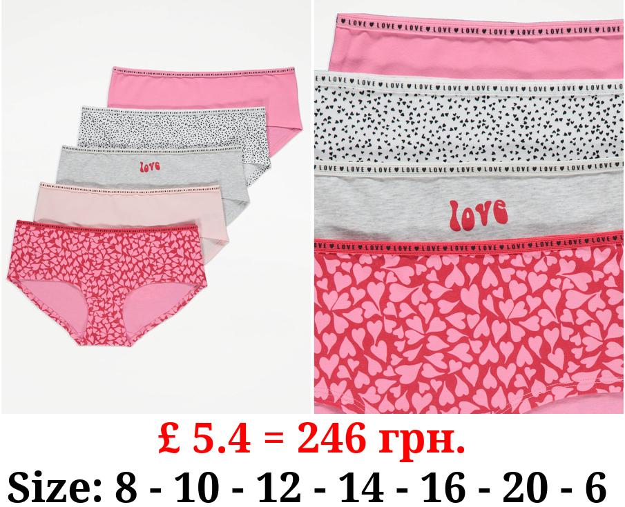 Pink Heart Print Short Knickers 5 Pack