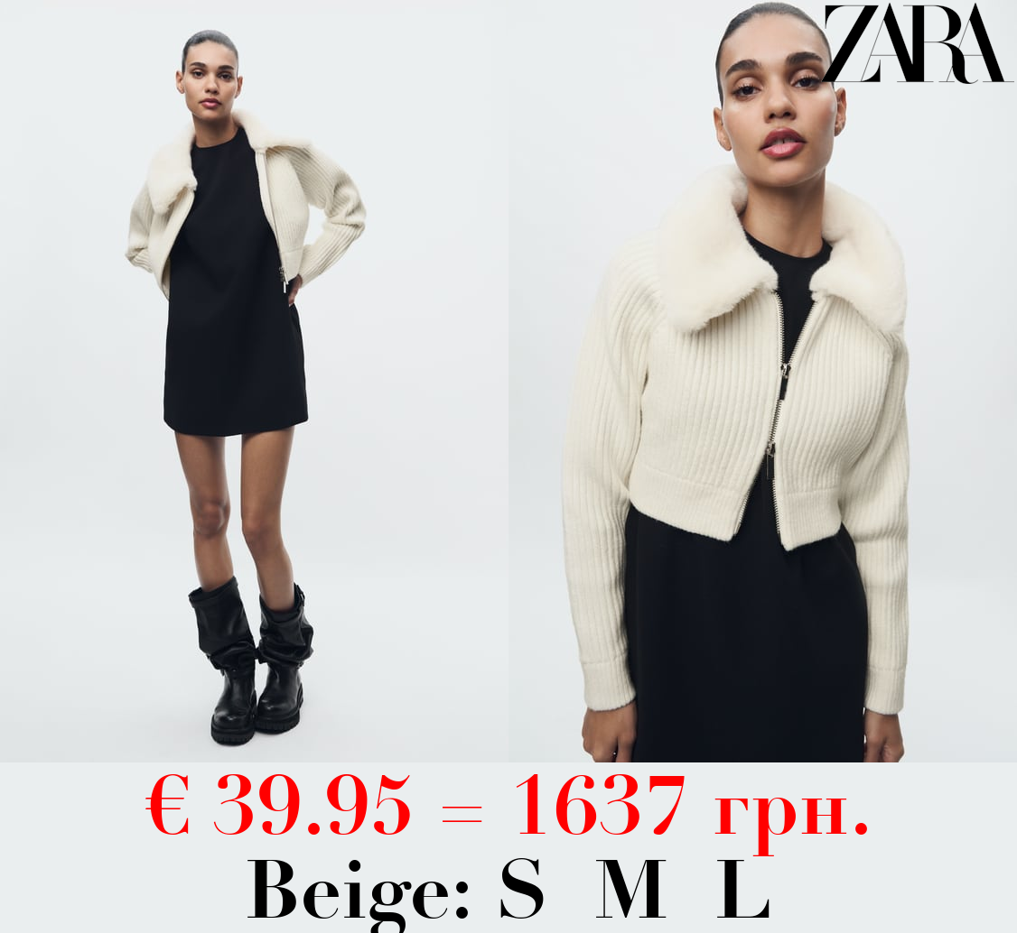 FAUX FUR COLLARED KNIT CARDIGAN