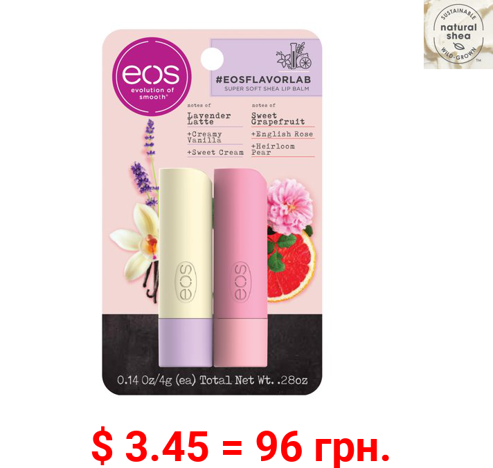 eos flavorlab Stick Lip Balm - Lavender Latte and Sweet Grapefruit , Moisuturzing Shea Butter for Chapped Lips , 0.14 oz , 2 count