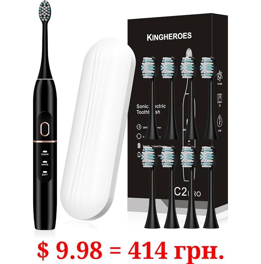 kingheroes Electric Toothbrush Set, Comes with 8 Brush Heads & Travel Case,4 Modes with 2 Minutes Built in Smart Timer, One Charge for 60 Days, 42000 VPM Motor (Black)