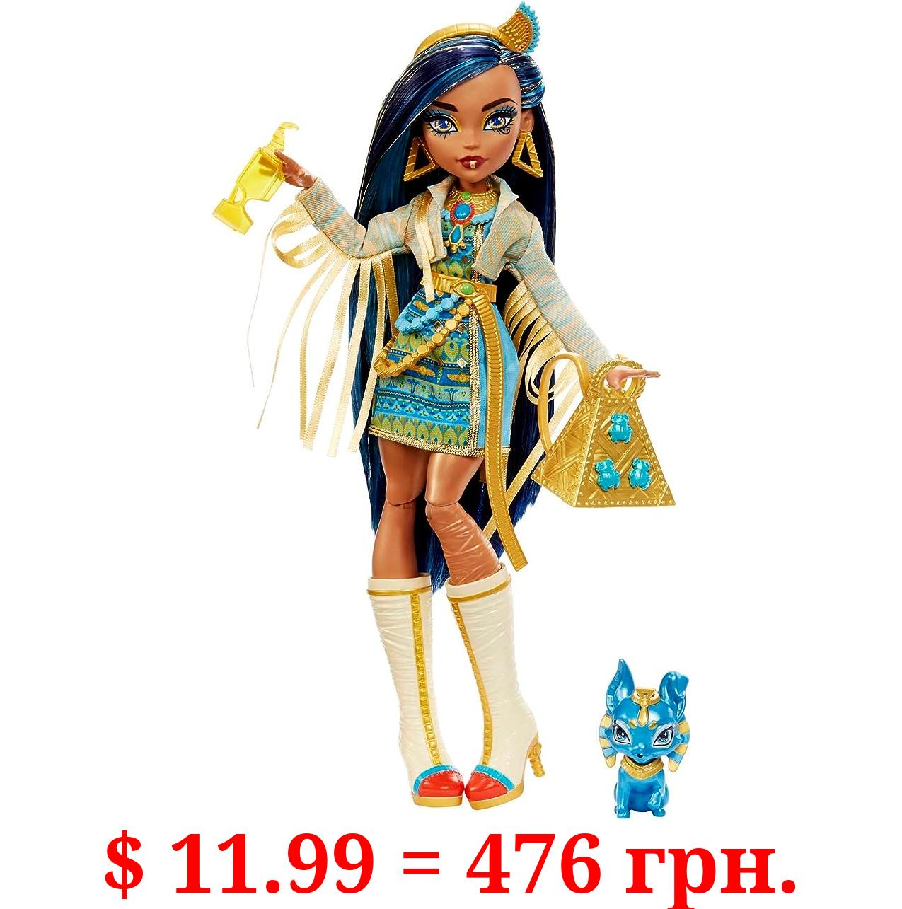 Monster High Cleo De Nile Fashion Doll with Blue Streaked Hair, Signature Look, Accessories & Pet Dog