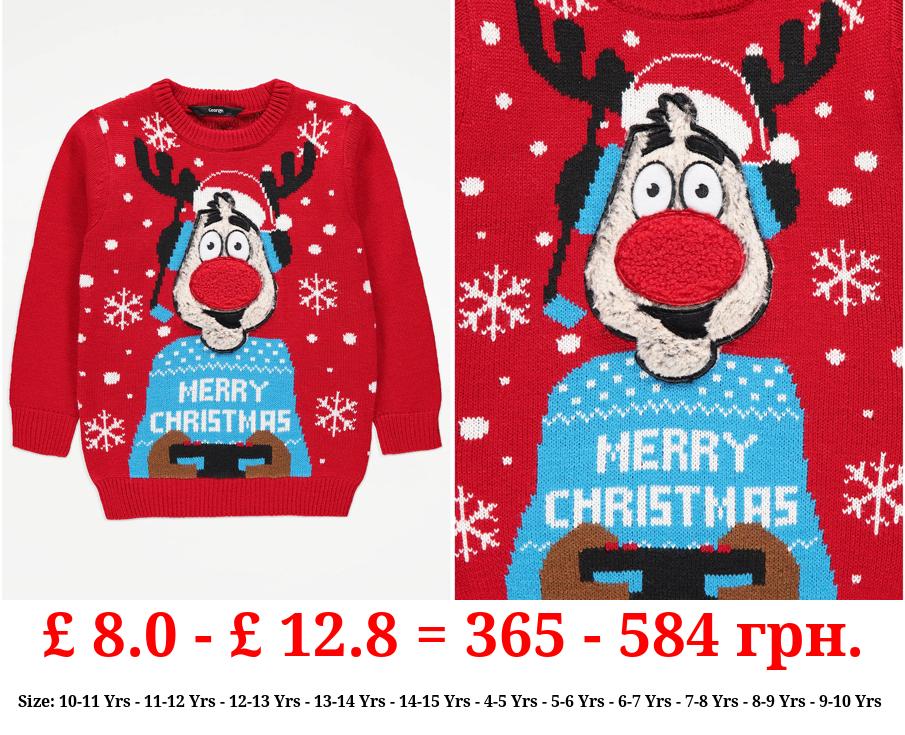 Red Furry Rudolph Matching Kids Christmas Jumper