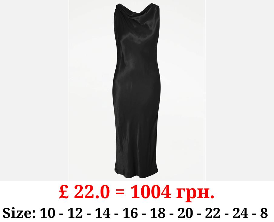Black Cowl Neck Bias Cut Satin Slip Midi Dress