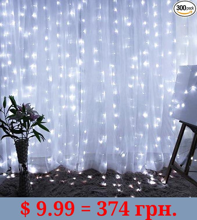 Dazzle Bright Curtain String Lights, 300 LED 9.8ft x 9.8ft 8 Lighting Modes Fairy Lights USB Powered, Waterproof Lights for Christmas Party Wedding Outdoor Indoor Wall Decorations (White)