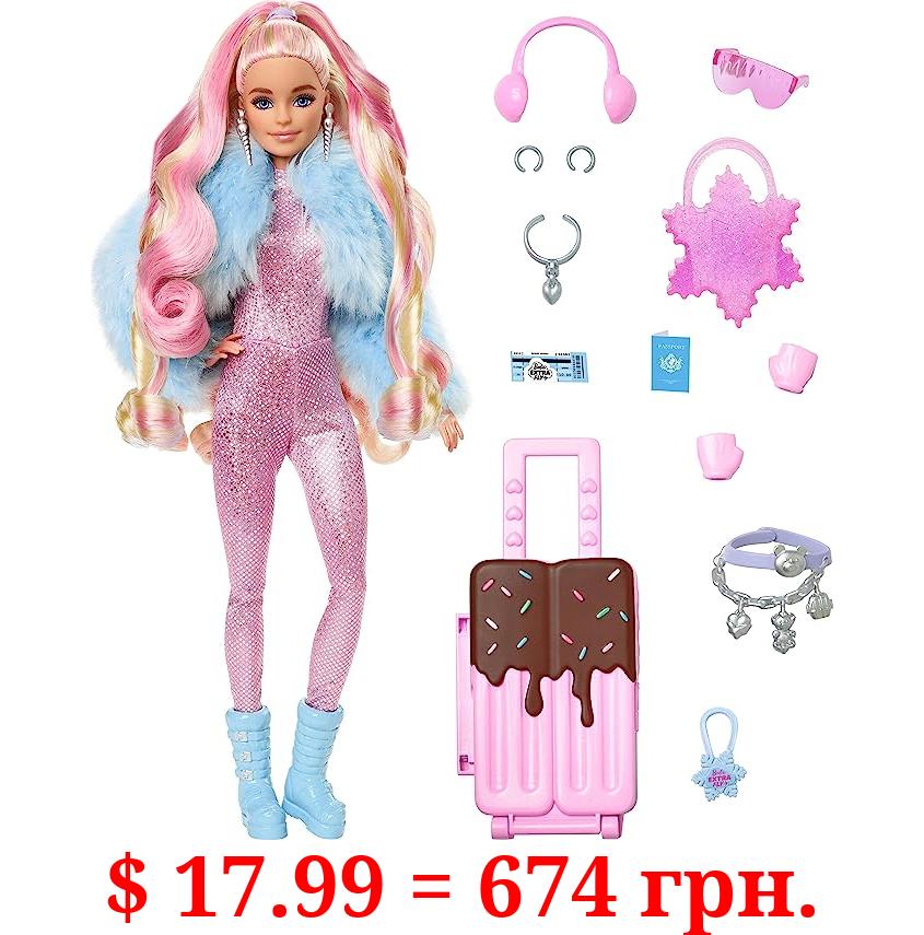 Barbie Extra Fly Doll with Snow-Themed Travel Clothes & Accessories, Sparkly Pink Jumpsuit & Faux Fur Coat For 3Y+
