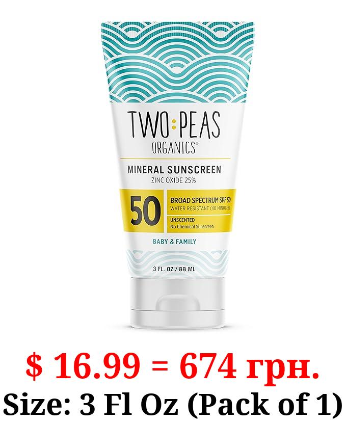 Two Peas Organics - All Natural Organic SPF 50 Sunscreen Lotion - Coral Reef Safe - Baby, Kid & Family Friendly - Chemical Free Mineral Based Formula - Waterproof & Unscented – 3oz
