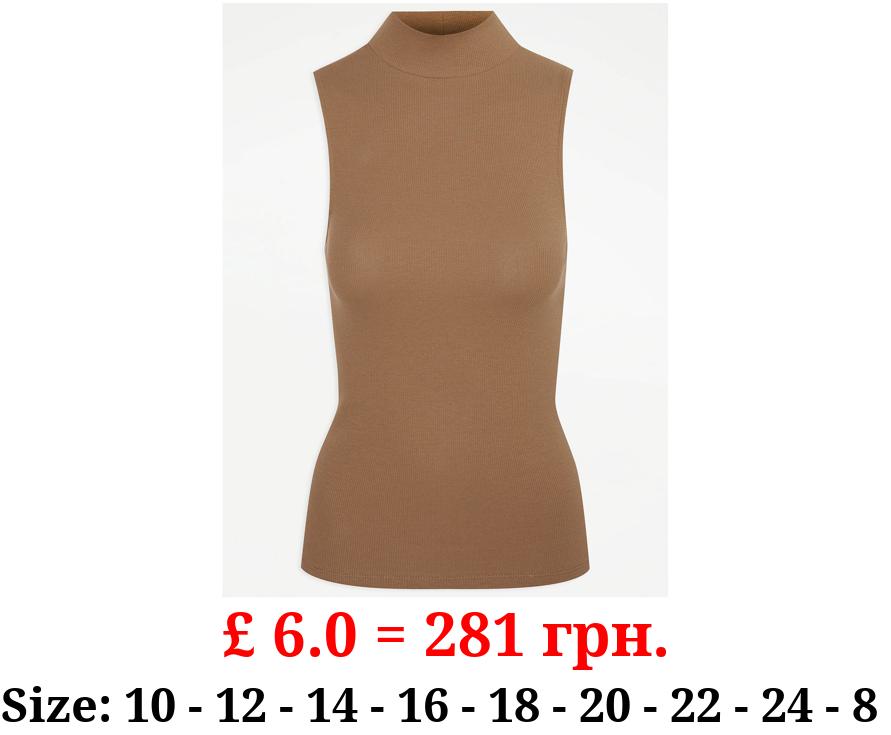 Tan Ribbed Roll Neck Sleeveless Tank Top