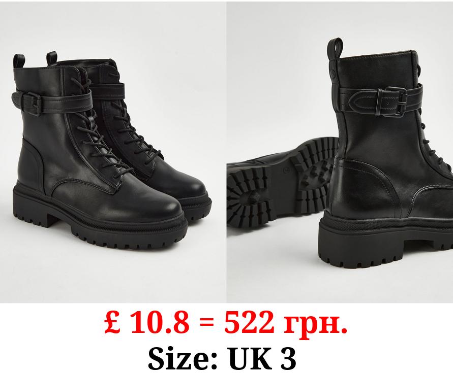 Black Buckle Lace Up Boots