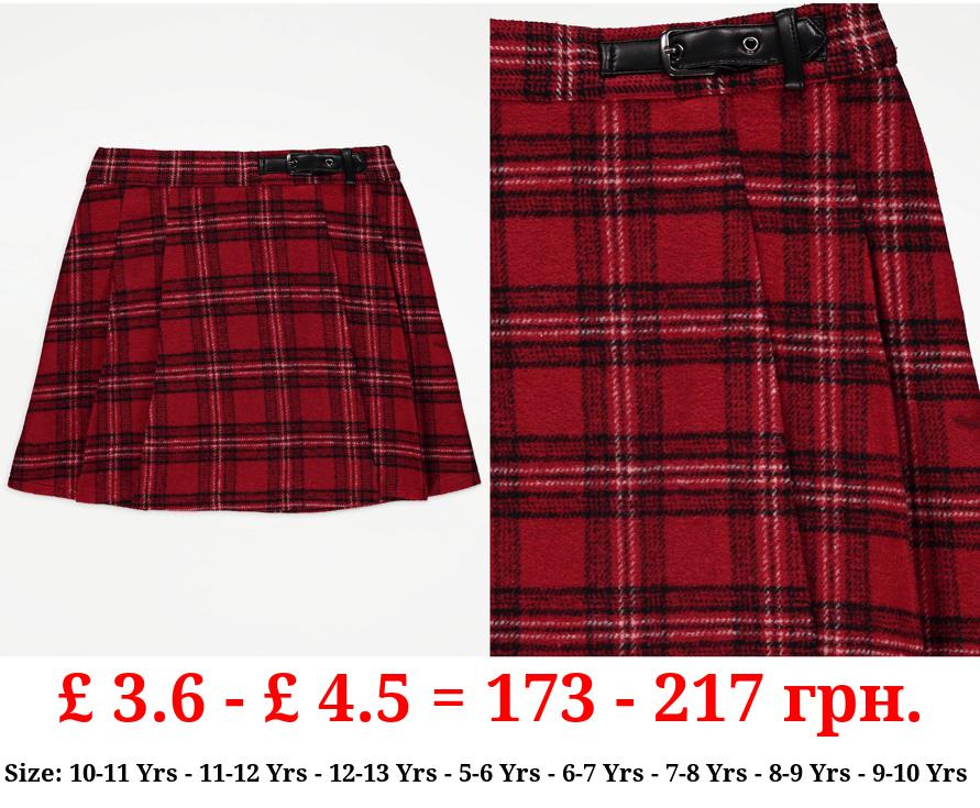Red Checked Pleated Skirt