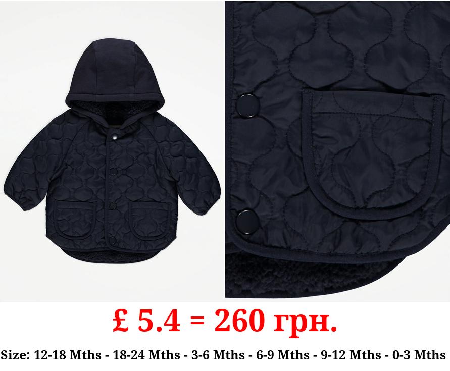 Navy Quilted Hooded Coat