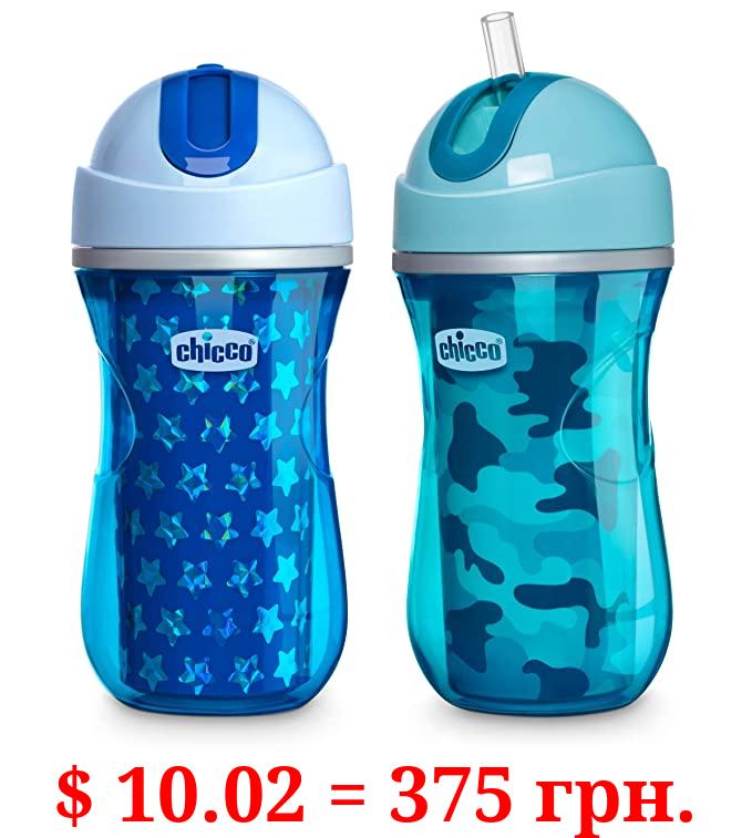 Chicco Insulated Flip-Top Straw Spill Free Baby Sippy Cup, 12 Months+, Blue/Teal, 9 Ounce (Pack of 2)