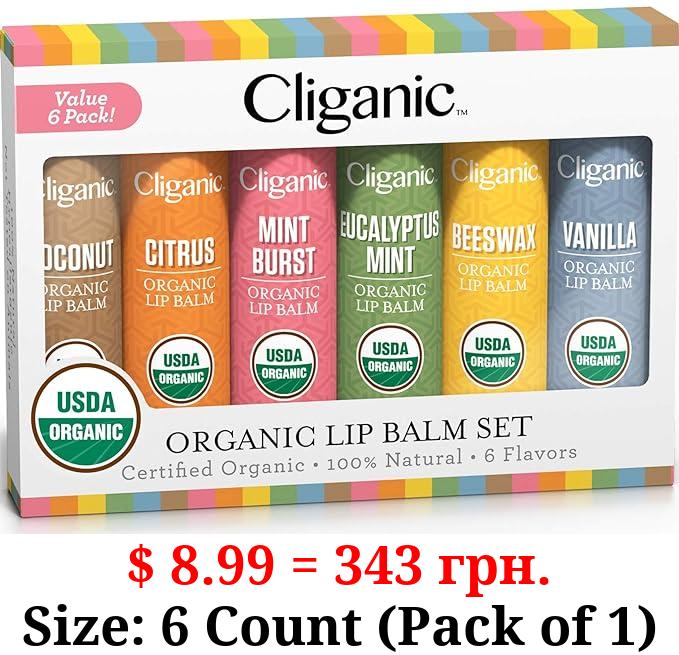 Cliganic USDA Organic Lip Balm Set - 6 Flavors - 100% Natural Moisturizer for Cracked & Dry Lips