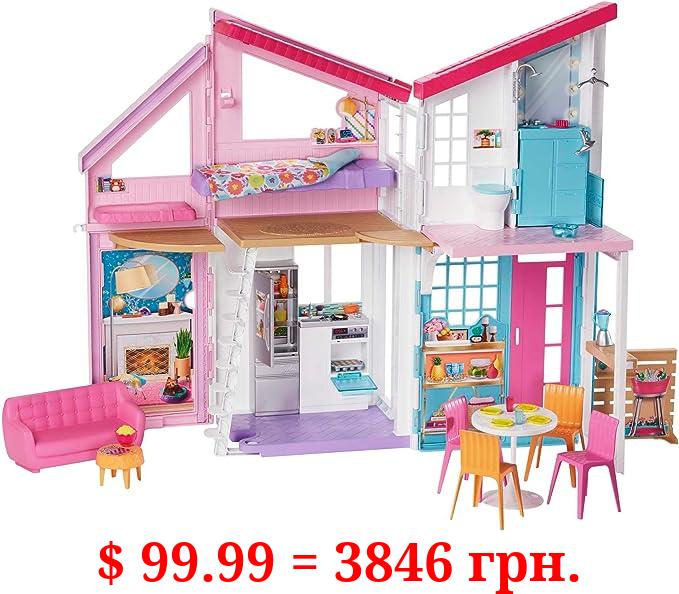 Barbie Malibu House 2-Story, 6-Room Dollhouse with Transformation Features, Plus 25+ Pieces Including Furniture, Patio Fence and Accessories, for Kids 3 Years Old and Up