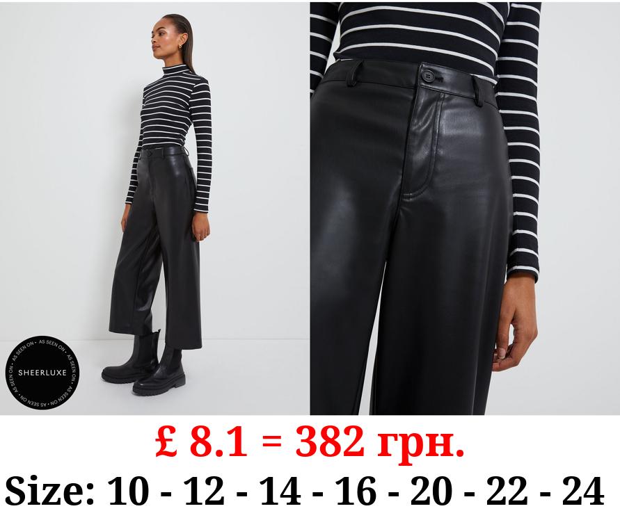 Black Faux Leather Wide Leg Cropped Trousers