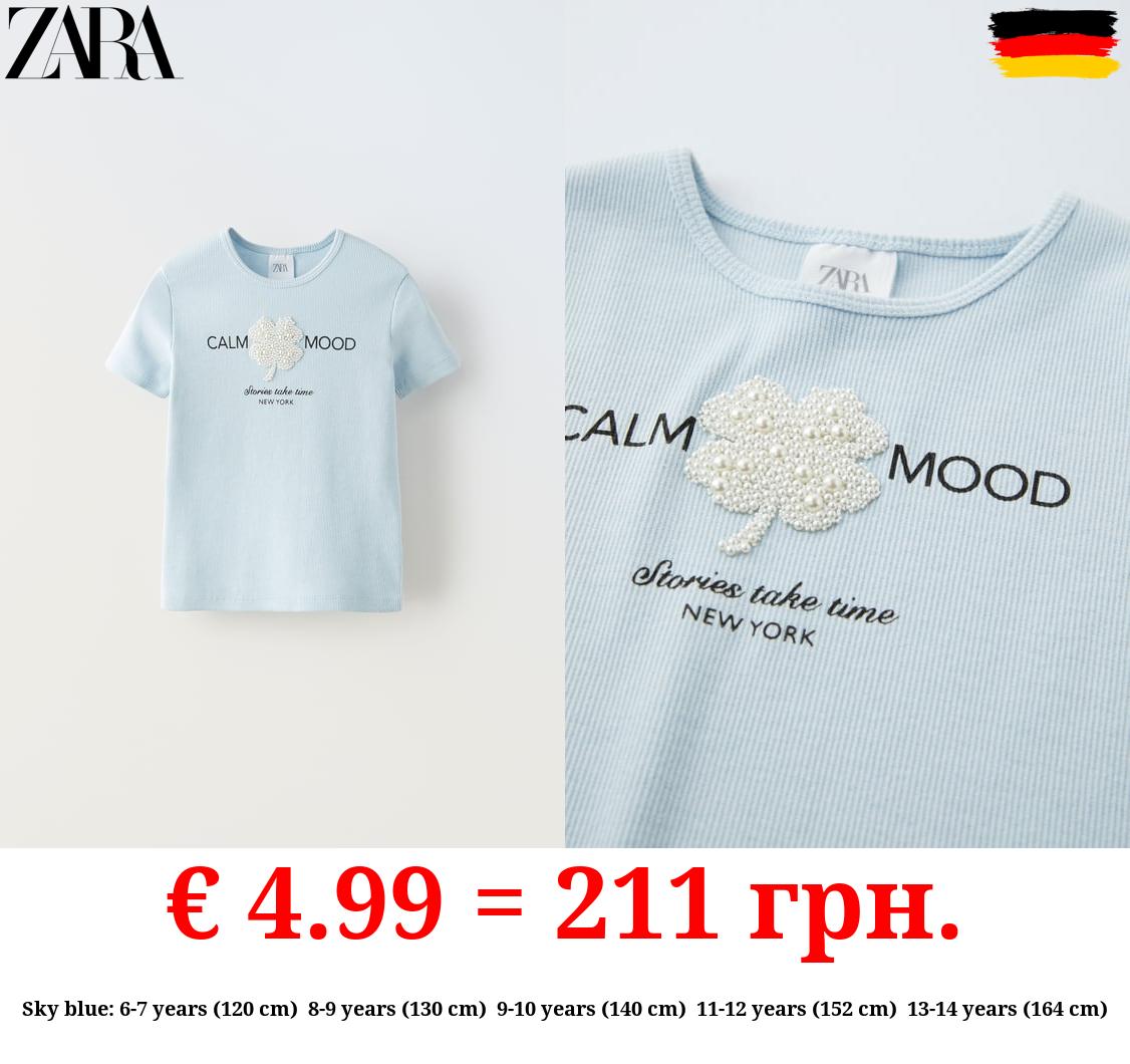 RIBBED T-SHIRT WITH FAUX PEARLS